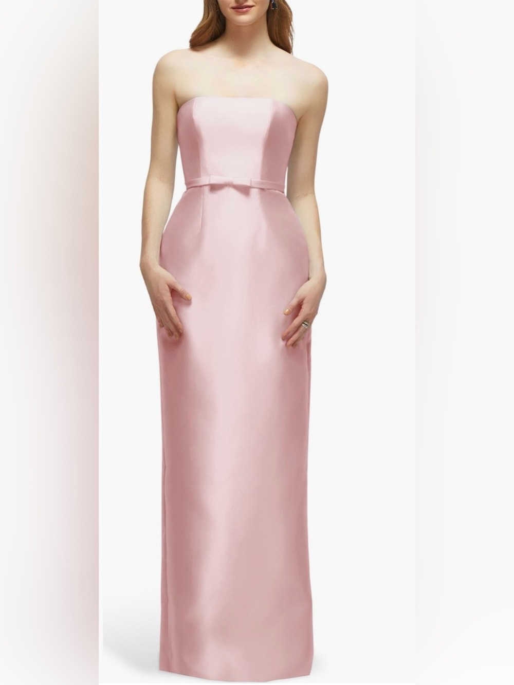 ALFRED SUNG Strapless Bow Belt Satin Twill Column Gown